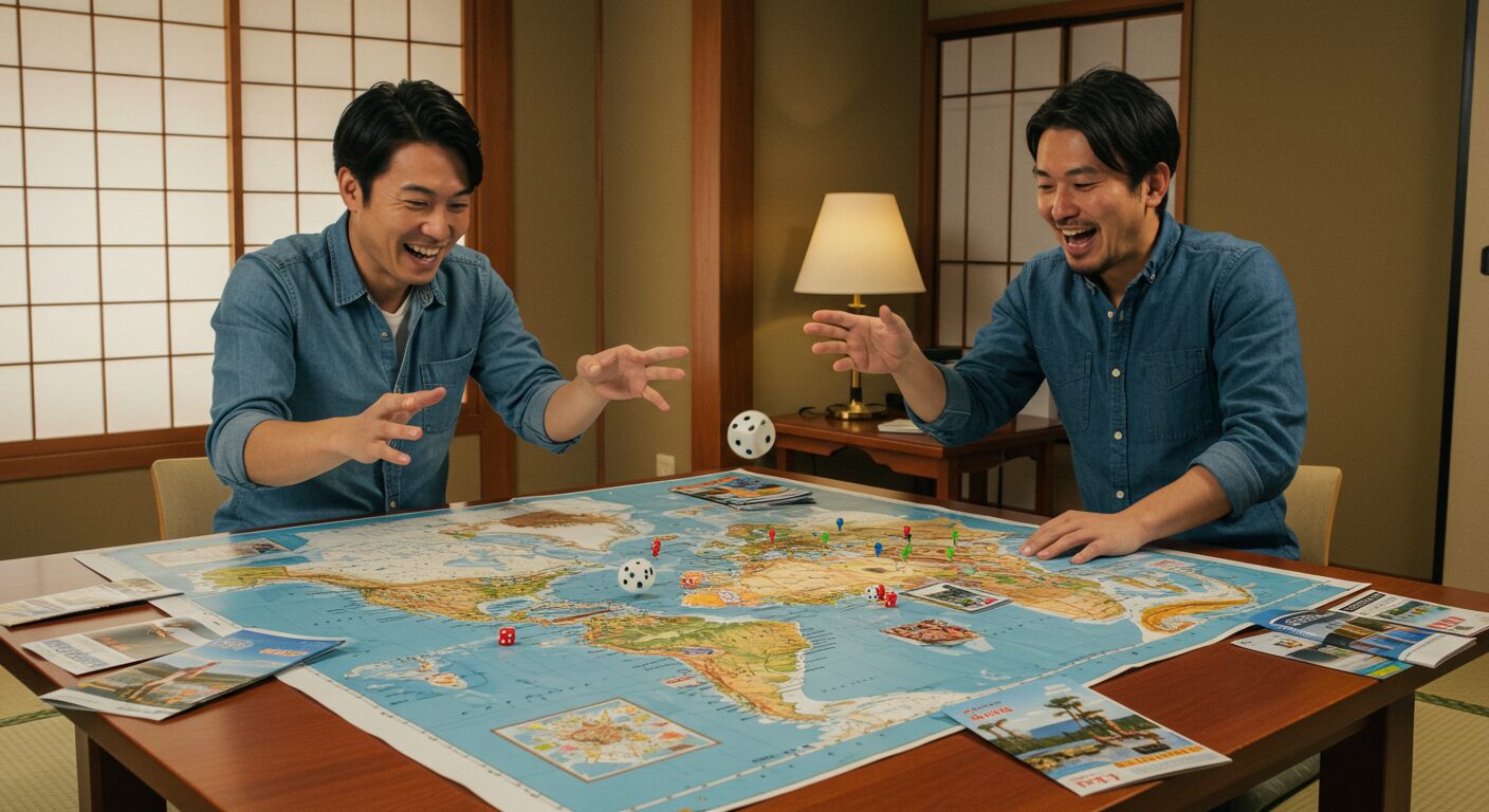 二人の日本人男性がサイコロを振って旅する
